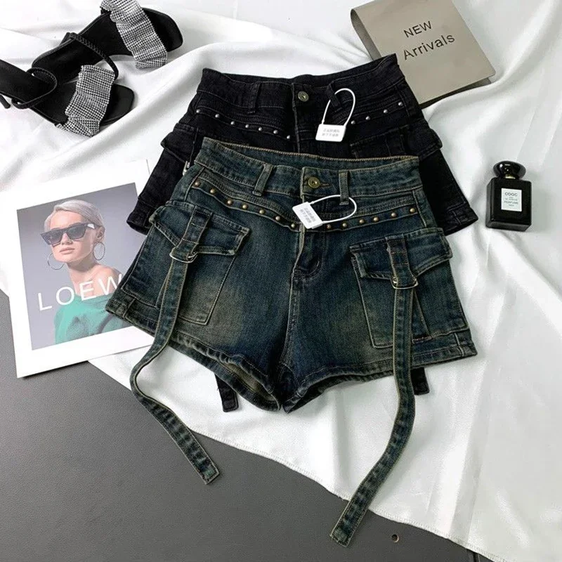 Leather Work Jeans - Y2K 2000S Cargo Denim Shorts Donna